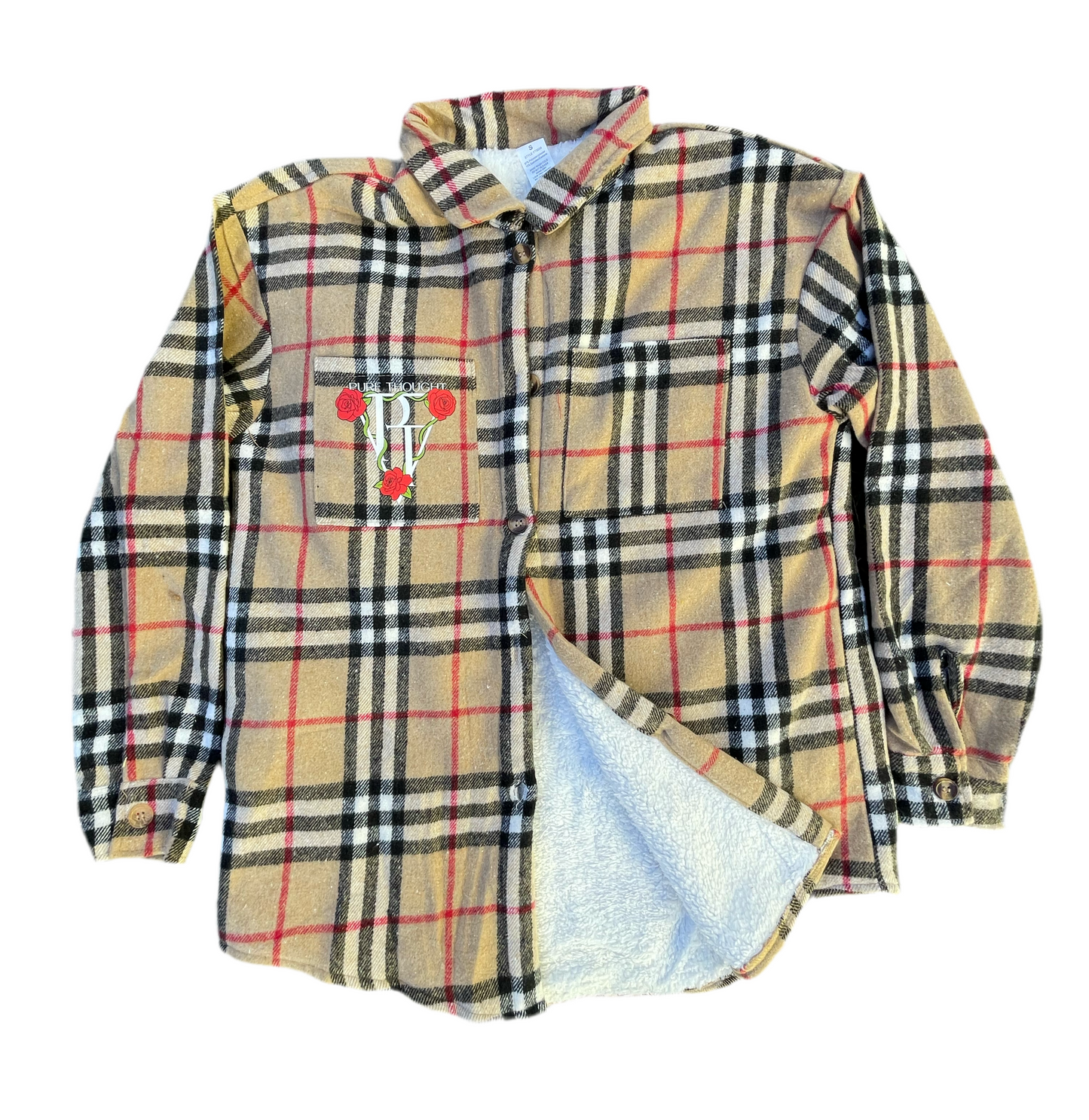 Pure Thought Beige Plaid Sherpa-Lined Flannel